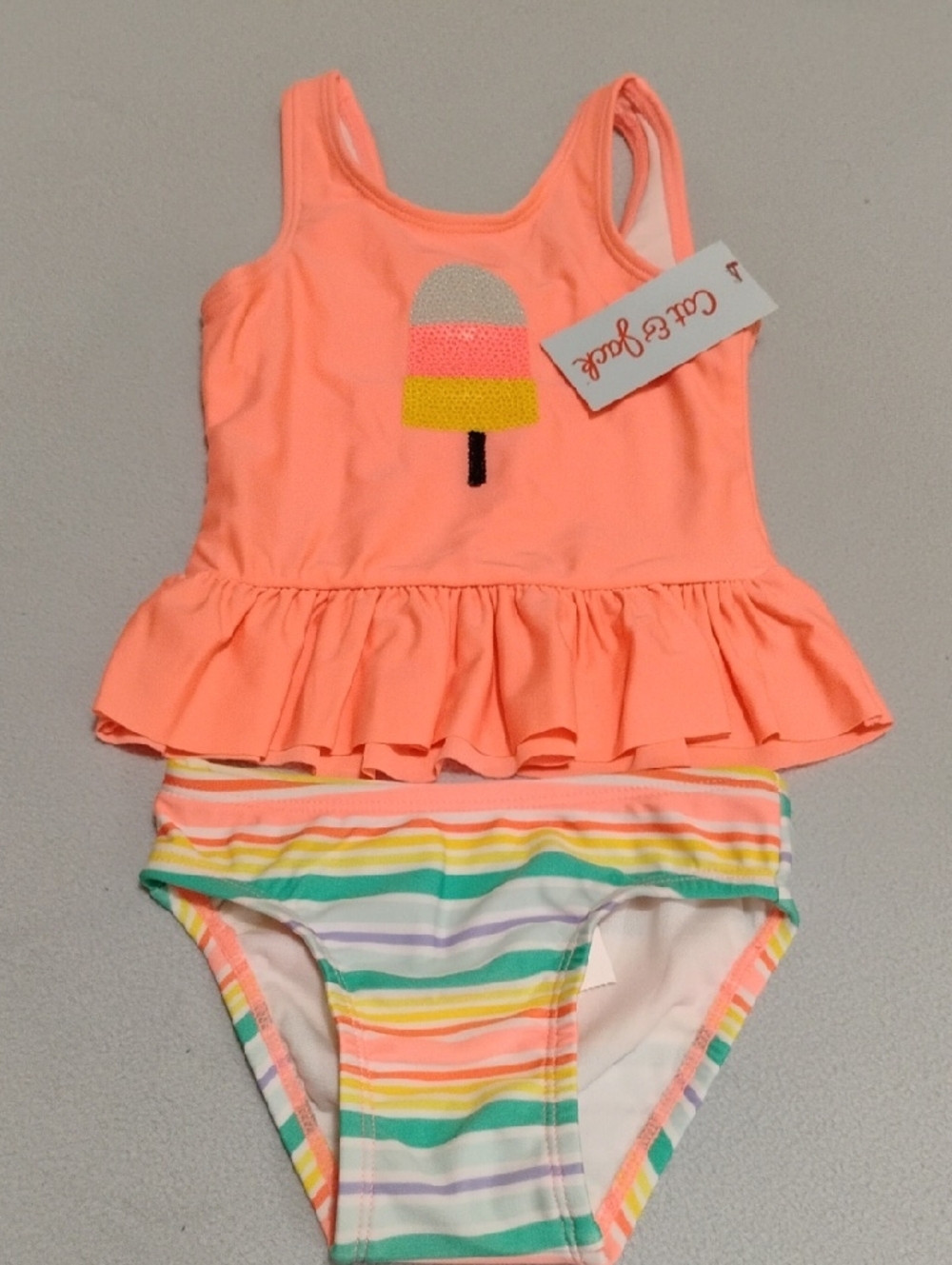 Cat & Jack Coral Ruffle Tankini Set with Multicolor Stripes Size 18M